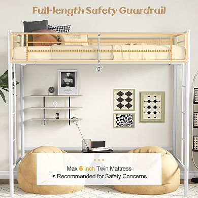 Gymax Metal Loft Bed Frame w/ 2 Ladders & Full-length Guardrail Space-Saving
