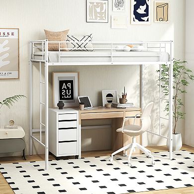 Gymax Metal Loft Bed Frame w/ 2 Ladders & Full-length Guardrail Space-Saving