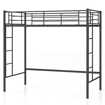 Gymax Metal Loft Bed Frame w/ 2 Ladders & Full-length Guardrail Space-Saving