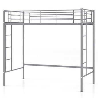 Gymax Metal Loft Bed Frame w/ 2 Ladders & Full-length Guardrail Space-Saving
