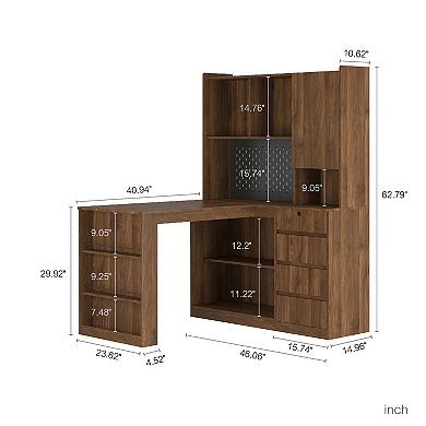L Shaped Desk,Computer Desk with Drawers, Bookshelf, Modern Corner Desk with LED Light for Home