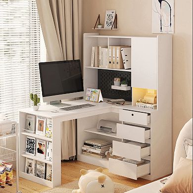 L Shaped Desk,Computer Desk with Drawers, Bookshelf, Modern Corner Desk with LED Light for Home