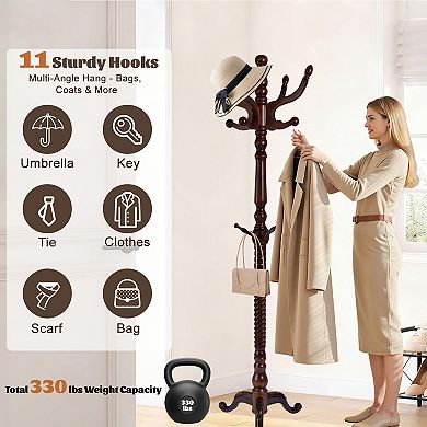 Solid Wood Coat Rack Stand with 11 Smooth Hooks & Triangle Base for Entryway Bedroom Office