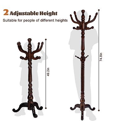 Solid Wood Coat Rack Stand with 11 Smooth Hooks & Triangle Base for Entryway Bedroom Office