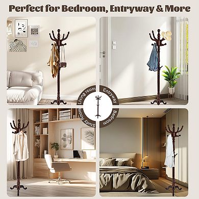 Solid Wood Coat Rack Stand with 11 Smooth Hooks & Triangle Base for Entryway Bedroom Office
