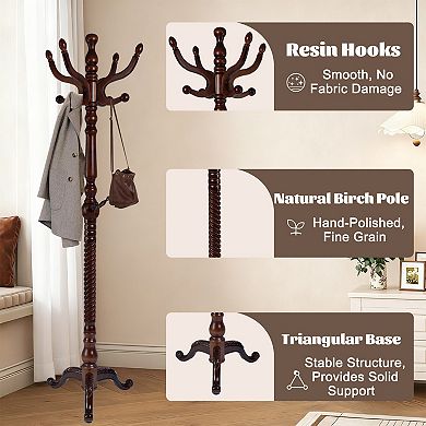 Solid Wood Coat Rack Stand with 11 Smooth Hooks & Triangle Base for Entryway Bedroom Office