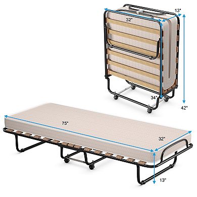 Gymax Folding Bed Rollaway Metal Guest Bed Sleeper Made in Italy w/ Memory Foam Mattress​