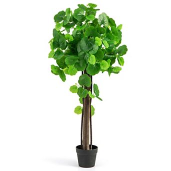 Gymax 44'' Artificial Crabapple Tree w/ Real Wood Trunk Adjustable Branches Faux Grass