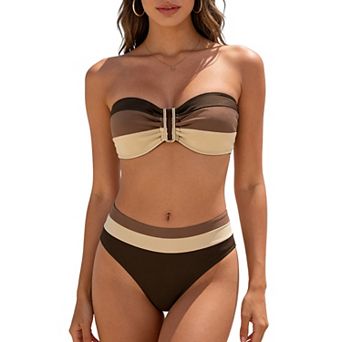 Women's Bandeau Bikini Set Color Block High Waisted Two Piece Swimsuit