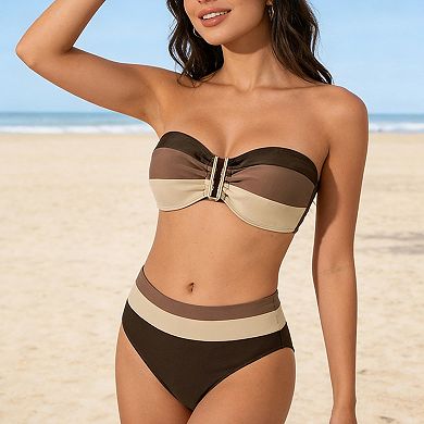 Women's Bandeau Bikini Set Color Block High Waisted Two Piece Swimsuit