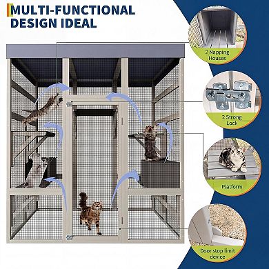 ANIXOL Walk-In Cedar Metal Outdoor Catio Cat House with Platforms and Roof