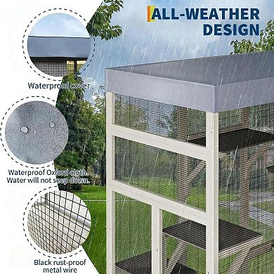 ANIXOL Walk-In Cedar Metal Outdoor Catio Cat House with Platforms and Roof
