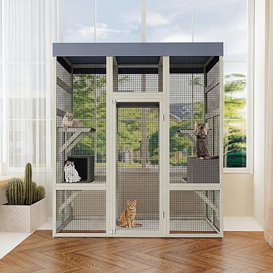 ANIXOL Walk-In Cedar Metal Outdoor Catio Cat House with Platforms and Roof