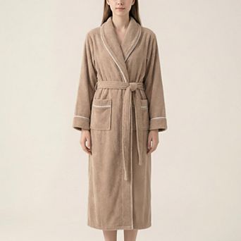 Women's Long Plush Robe with Shawl Collar Tie Waist Belt Front Pockets Soft Fleece Robe