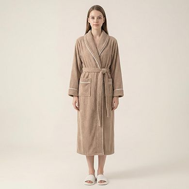 Women's Long Plush Robe with Shawl Collar Tie Waist Belt Front Pockets Soft Fleece Robe