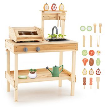 Gymax Wooden Barbecue Grill Playset w/ Play Food Grilling Tools & Accessories