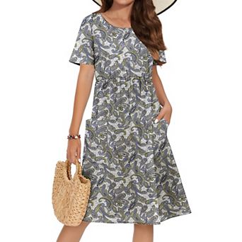 Zeagoo Women's Floral A-Line Midi Hawaiian Dress Petal Sleeve Modest Dresses
