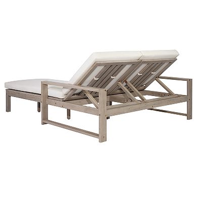 Outdoor Wood Double Lounge Chair with 5-Position Adjustable Backrest for Patio, Poolside, Garden