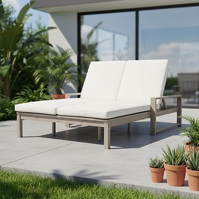 Outdoor Wood Double Lounge Chair with 5-Position Adjustable Backrest for Patio, Poolside, Garden