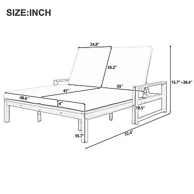 Outdoor Wood Double Lounge Chair with 5-Position Adjustable Backrest for Patio, Poolside, Garden