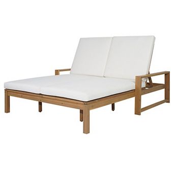 Outdoor Wood Double Lounge Chair with 5-Position Adjustable Backrest for Patio, Poolside, Garden