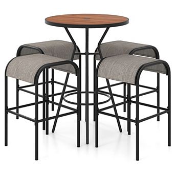 Gymax 5 pc Patio Bistro Set Round Table w/ 1.6'' Umbrella Hole & 4 Stools Metal Frame