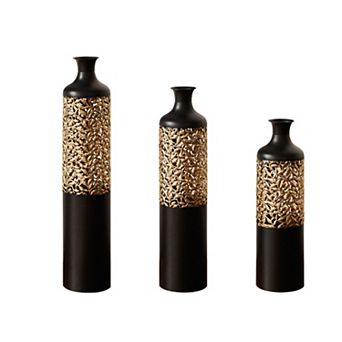 3 pc Handcrafted Metal Floor Vase Set, 20.8/24.8/28.7" Black & Gold Decorative Vases for Home