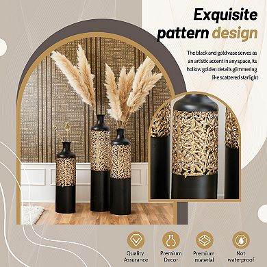 3-Piece Handcrafted Metal Floor Vase Set, 20.8/24.8/28.7" Black & Gold Decorative Vases for Home