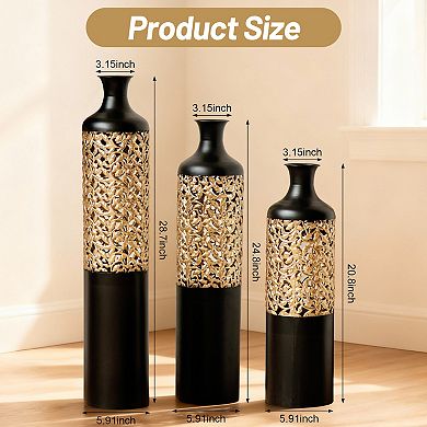 3-Piece Handcrafted Metal Floor Vase Set, 20.8/24.8/28.7" Black & Gold Decorative Vases for Home