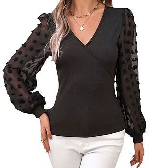 Womens Deep V Neck Cross Wrap Polka Dot Mesh Long Sleeve T Shirt Casual Blouses