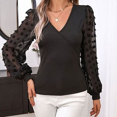 Womens Deep V Neck Cross Wrap Polka Dot Mesh Long Sleeve T Shirt Casual Blouses