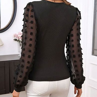 Womens Deep V Neck Cross Wrap Polka Dot Mesh Long Sleeve T Shirt Casual Blouses