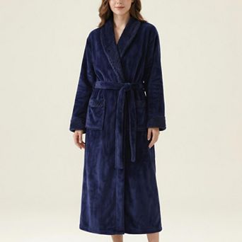 Women's Long Plush Robe with Shawl Collar Tie Waist Belt Front Pockets Soft Fleece Robe