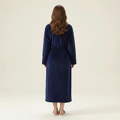 Women's Long Plush Robe with Shawl Collar Tie Waist Belt Front Pockets Soft Fleece Robe