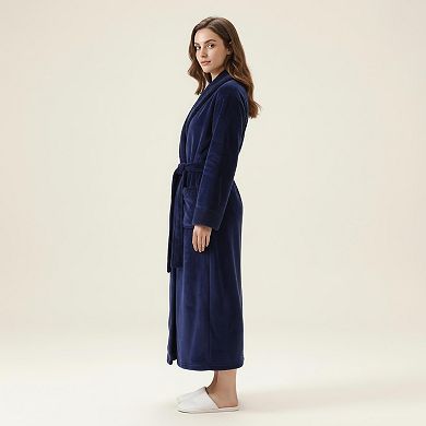 Women's Long Plush Robe with Shawl Collar Tie Waist Belt Front Pockets Soft Fleece Robe