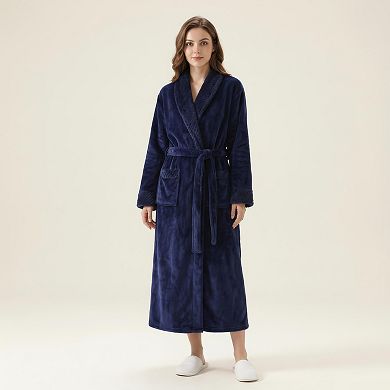 Women's Long Plush Robe with Shawl Collar Tie Waist Belt Front Pockets Soft Fleece Robe