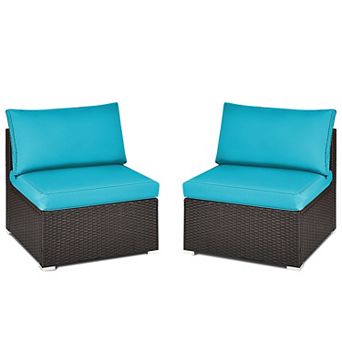 Gymax 2 pc Patio Wicker Rattan Sectional Armless Chair Sofa w/ Turquoise Cushion