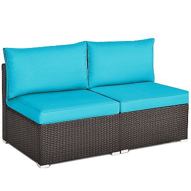 Gymax 2PCS Patio Wicker Rattan Sectional Armless Chair Sofa w/ Turquoise Cushion