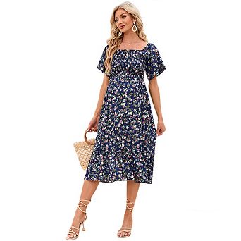 Women's Summer Maternity Dress Boho Chic Floral Square Neck Ruffle Hem Dress for Baby Shower