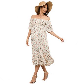 Women's Summer Maternity Dress Boho Chic Floral Square Neck Ruffle Hem Dress for Baby Shower