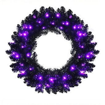 Gymax 24'' Pre-lit Black Halloween Wreath Christmas Wreath w/ Purple LED lights