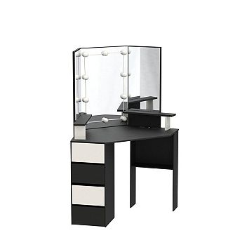 Corner Vanity Desk with Lighted Tri-Fold Mirror, Charging Station & 4 Drawers, 3 Lighting Modes