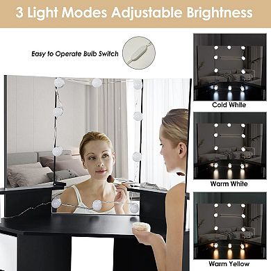 Corner Vanity Desk with Lighted Tri-Fold Mirror, Charging Station & 4 Drawers, 3 Lighting Modes
