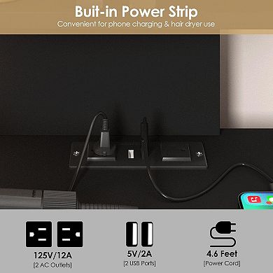 Corner Vanity Desk with Lighted Tri-Fold Mirror, Charging Station & 4 Drawers, 3 Lighting Modes