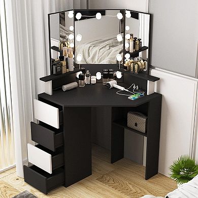 Corner Vanity Desk with Lighted Tri-Fold Mirror, Charging Station & 4 Drawers, 3 Lighting Modes