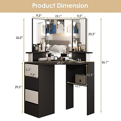 Corner Vanity Desk with Lighted Tri-Fold Mirror, Charging Station & 4 Drawers, 3 Lighting Modes