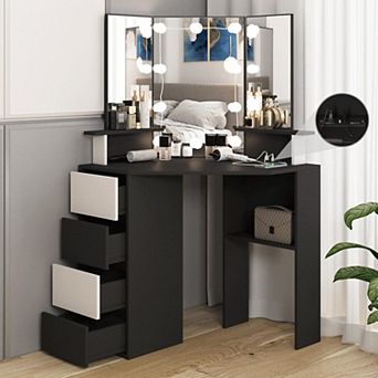 Corner Vanity Desk with Lighted Tri-Fold Mirror, Charging Station & 4 Drawers, 3 Lighting Modes