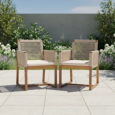Outdoor Wood Dining Chairs with Rope Design Back and Arms for Backyard (Set of 2)
