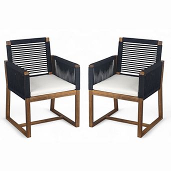Outdoor Wood Dining Chairs with Rope Design Back and Arms for Backyard (Set of 2)