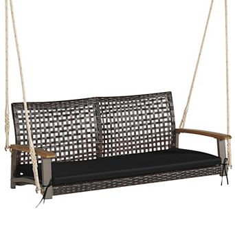 Gymax 2-Seat Rattan Porch Swing Chair Outdoor Wicker Swing Bench W/ Seat Cushion
